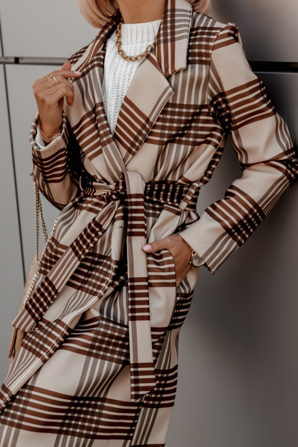 Płaszcz VALLERY nude beige wiązany w kratkę